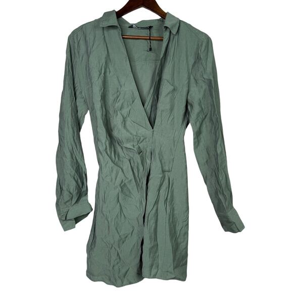 Zara Long Sleeve Tunic Wrap Style Mini Dress Collard V Neck Button M Olive Green - Picture 12 of 15